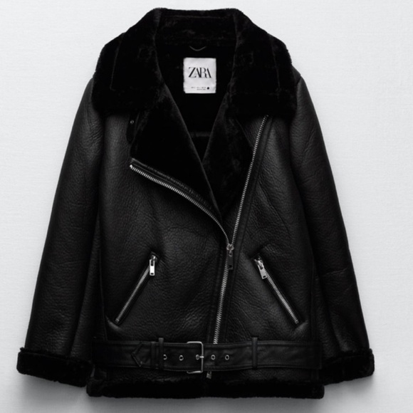 Zara Faux Leather Shearling Buckle Biker Moto Jacket Black Sherpa - Picture 3 of 8